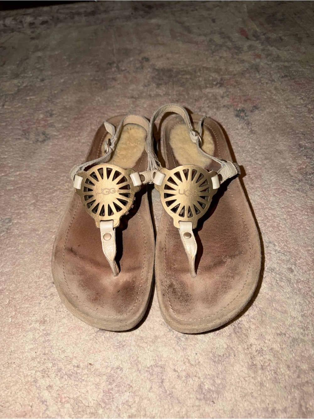 UGG Women's Tan Leather Thong Sandals with Sunburst Medallion